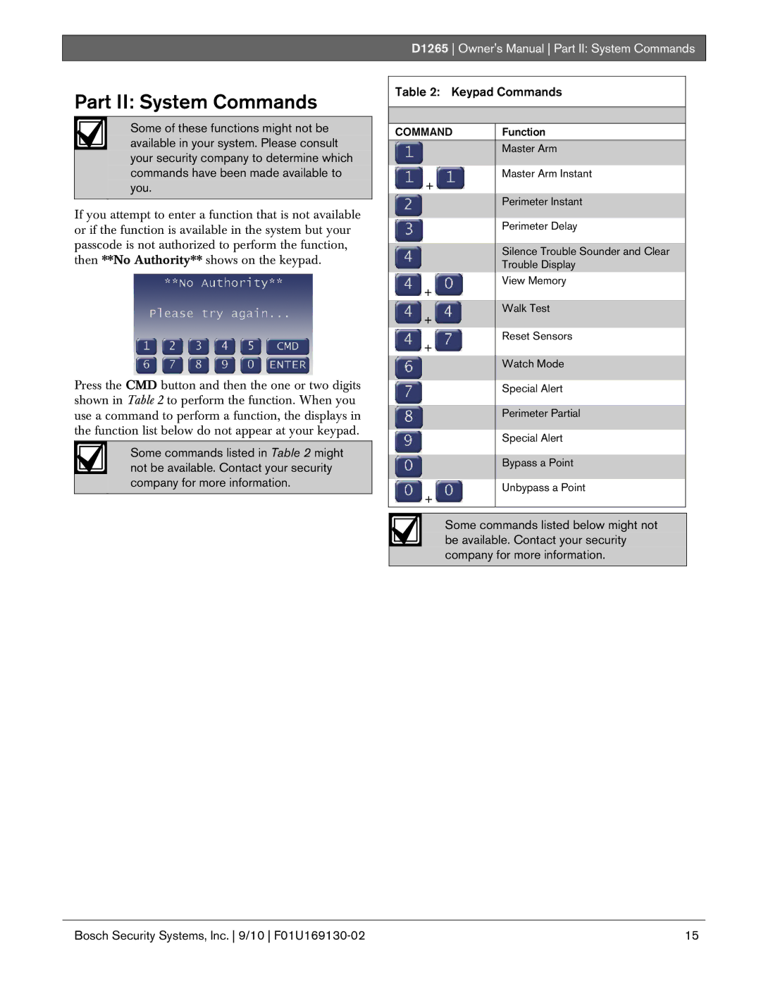 Bosch Appliances D1265 owner manual Part II System Commands 