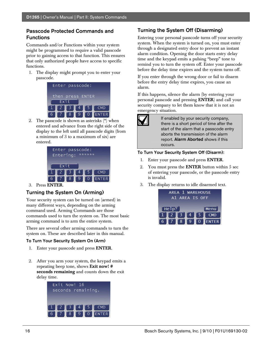 Bosch Appliances D1265 owner manual Passcode Protected Commands and Functions, Turning the System On Arming 