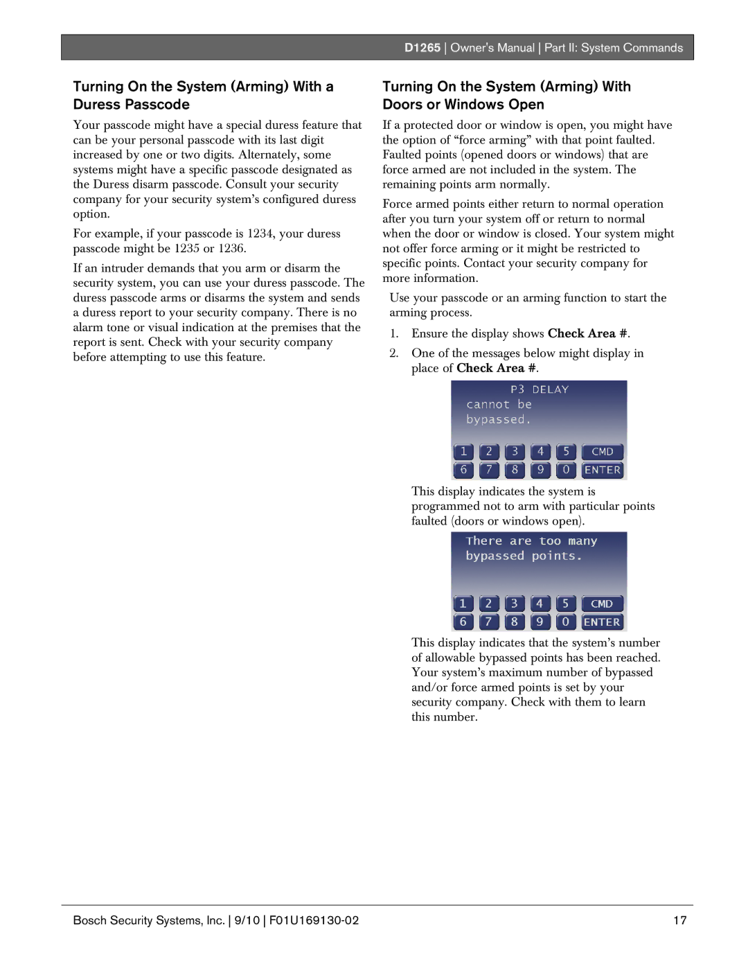 Bosch Appliances D1265 owner manual Turning On the System Arming With a Duress Passcode 