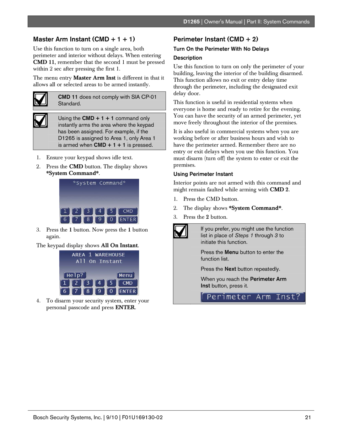 Bosch Appliances D1265 owner manual Master Arm Instant CMD + 1 +, Perimeter Instant CMD +, Using Perimeter Instant 