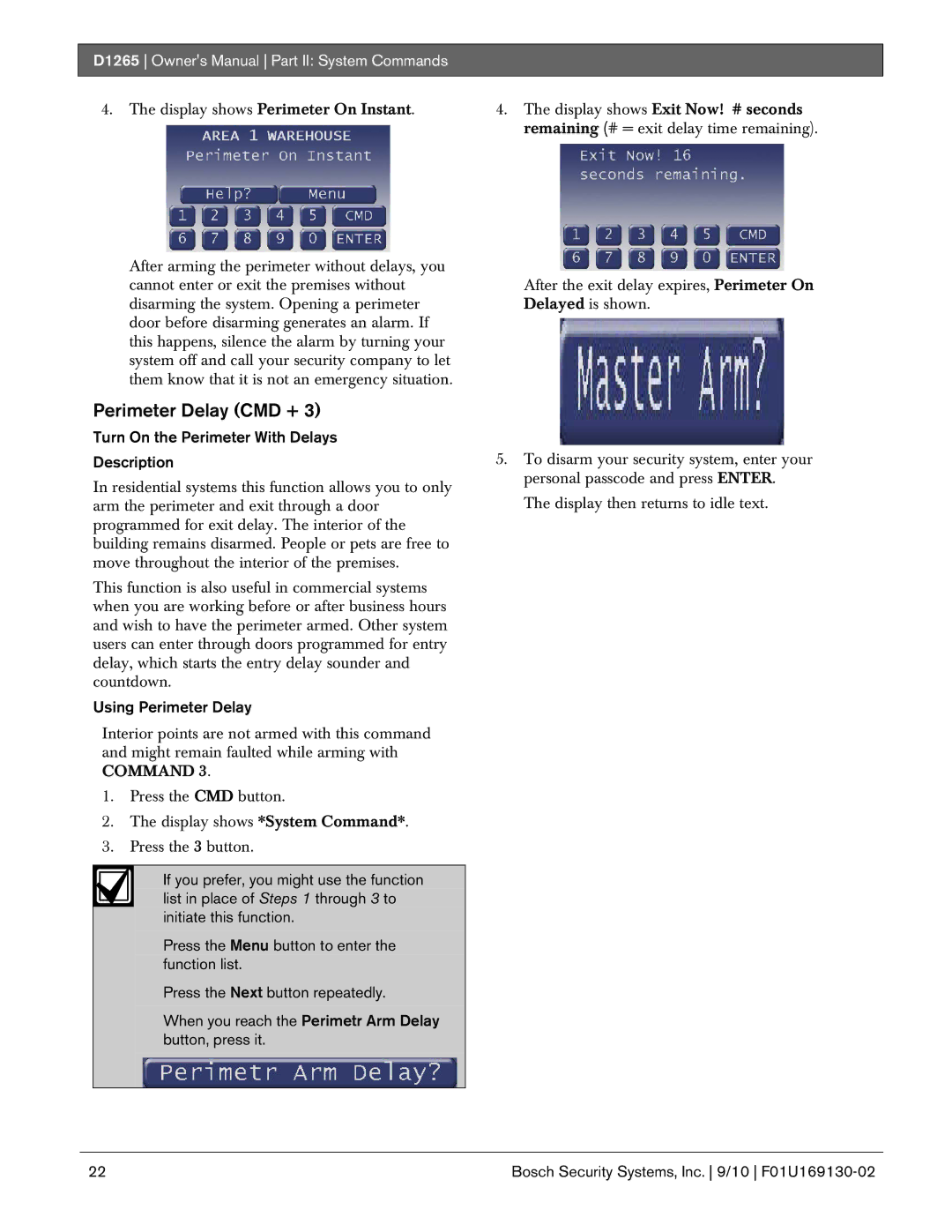 Bosch Appliances D1265 Perimeter Delay CMD +, Turn On the Perimeter With Delays Description, Using Perimeter Delay 