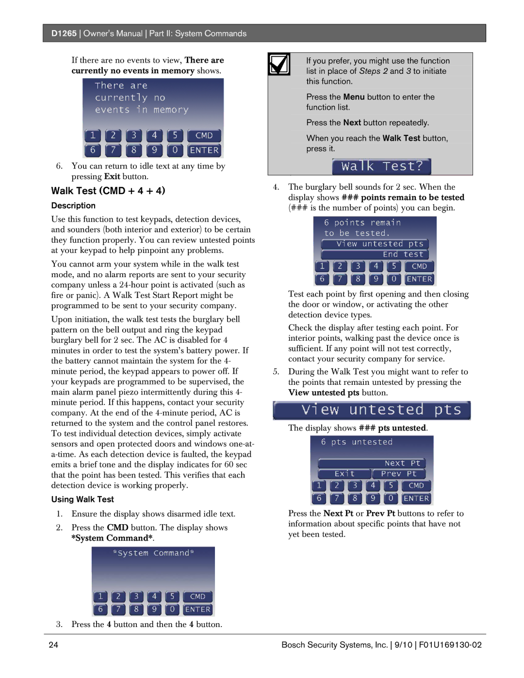 Bosch Appliances D1265 owner manual Walk Test CMD + 4 +, Using Walk Test 