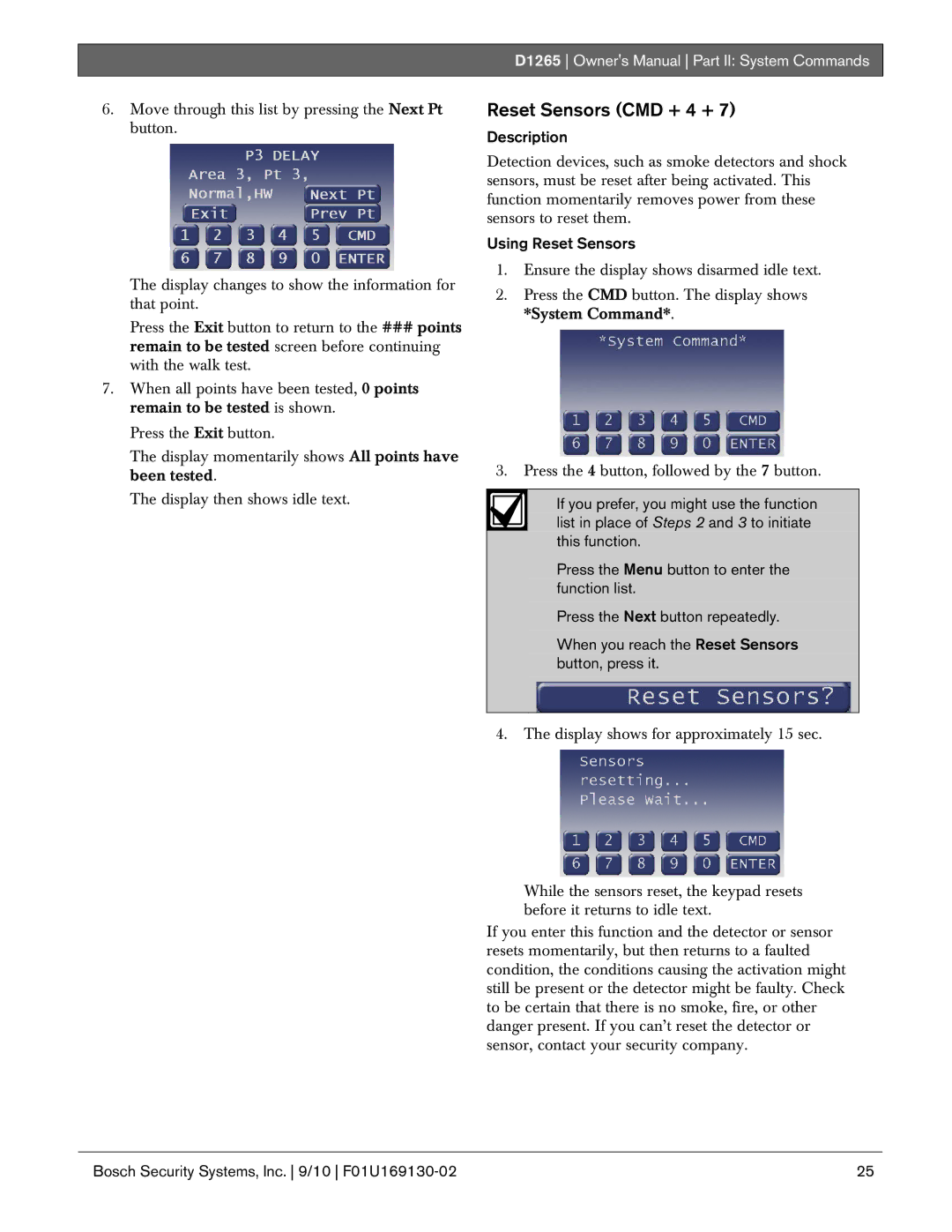 Bosch Appliances D1265 owner manual Reset Sensors CMD + 4 +, Using Reset Sensors 