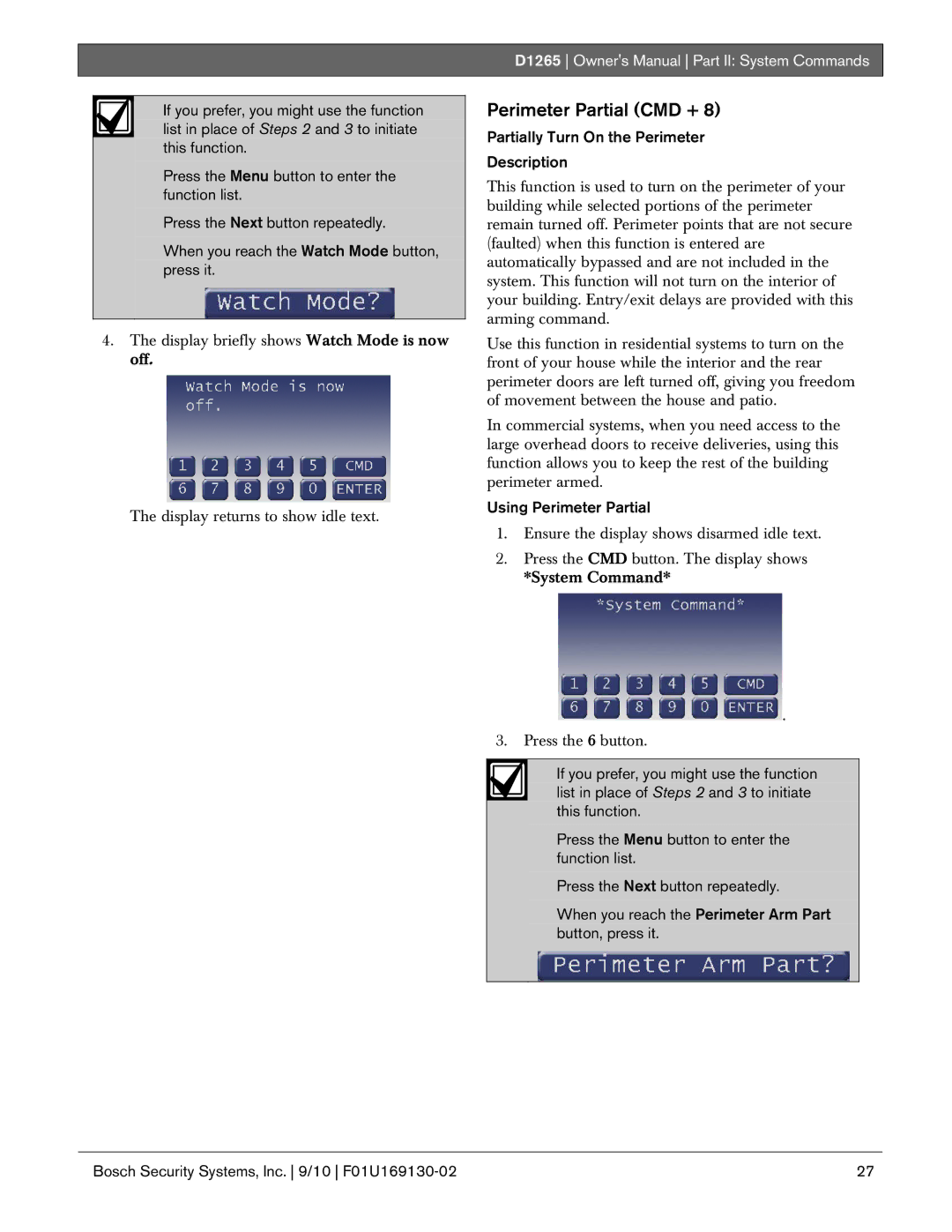 Bosch Appliances D1265 Perimeter Partial CMD +, Partially Turn On the Perimeter Description, Using Perimeter Partial 