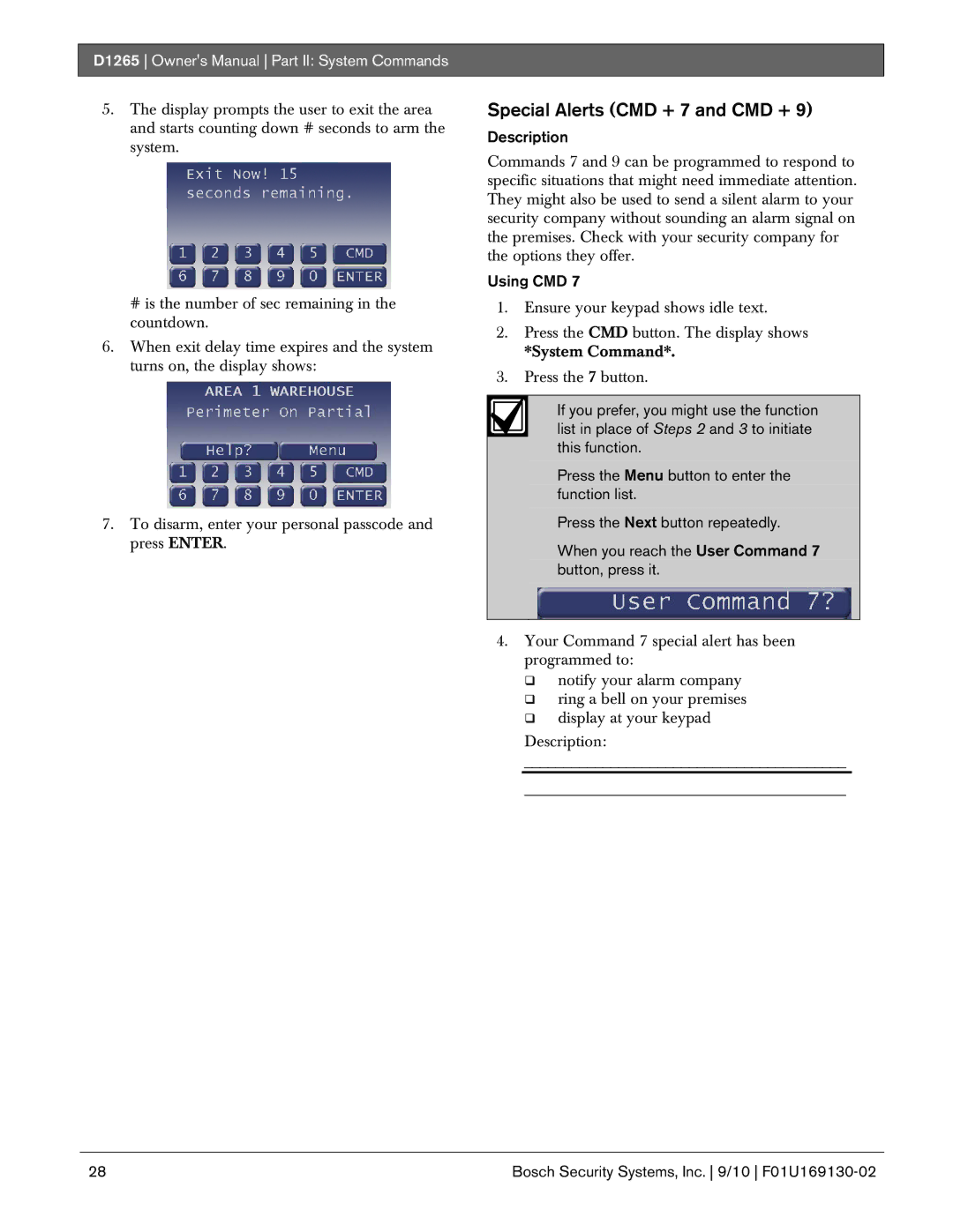 Bosch Appliances D1265 owner manual Special Alerts CMD + 7 and CMD +, Using CMD 