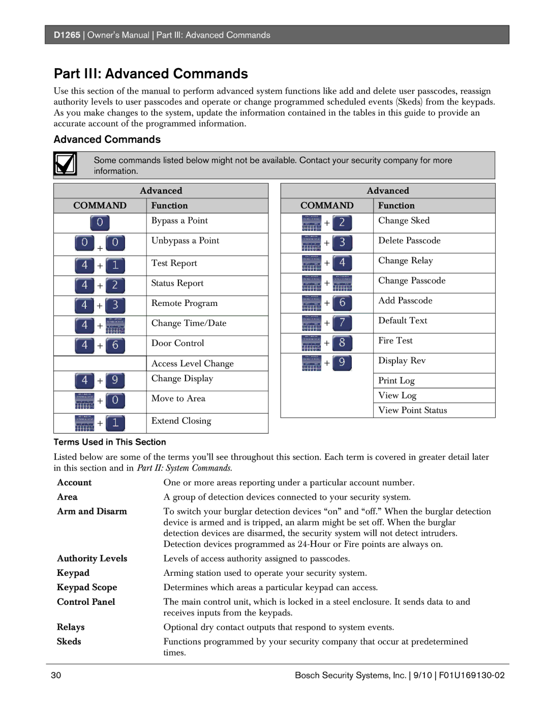 Bosch Appliances D1265 owner manual Advanced Commands, Terms Used in This Section 