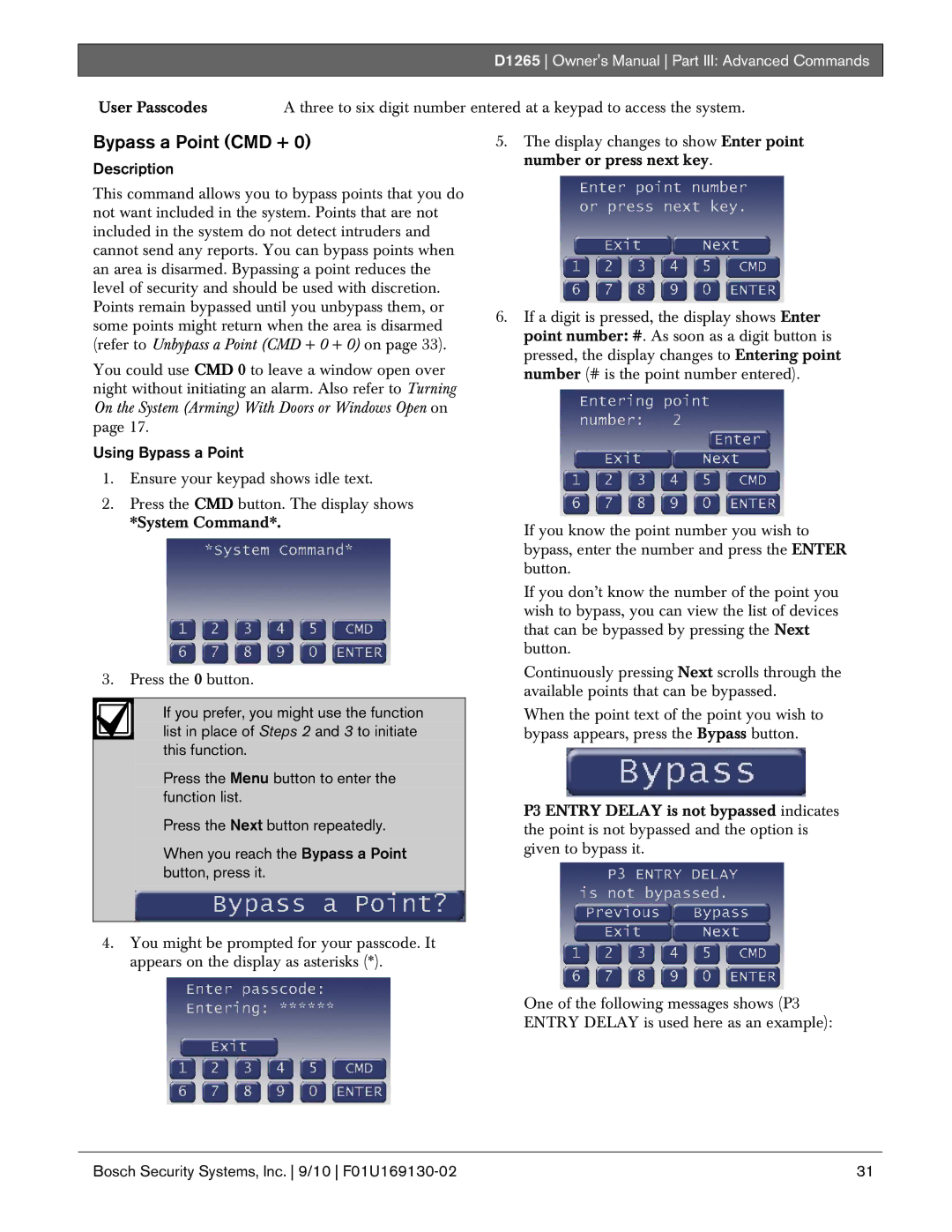 Bosch Appliances D1265 owner manual Bypass a Point CMD +, Using Bypass a Point 