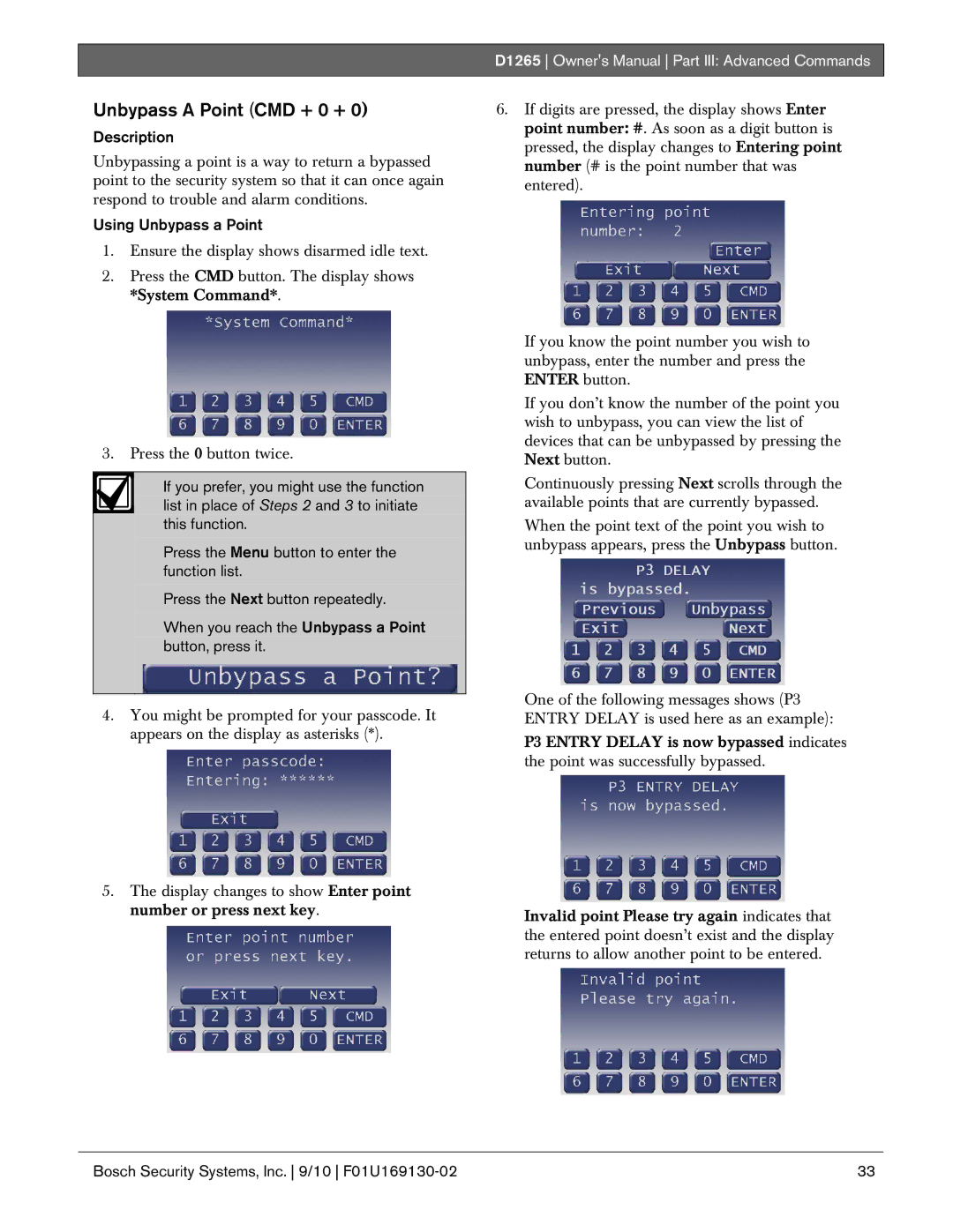 Bosch Appliances D1265 owner manual Unbypass a Point CMD + 0 +, Using Unbypass a Point 