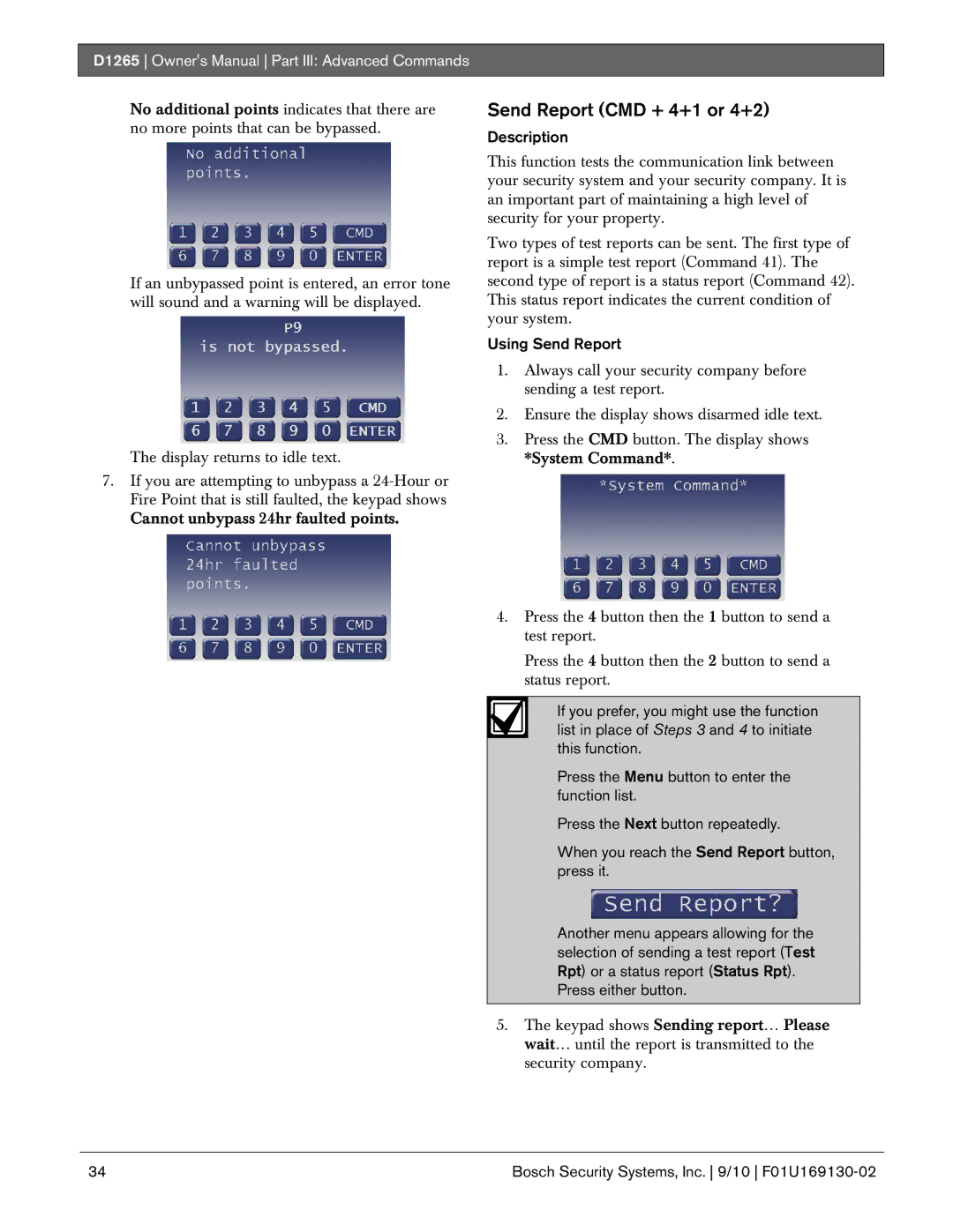 Bosch Appliances D1265 owner manual Send Report CMD + 4+1 or 4+2, Using Send Report 