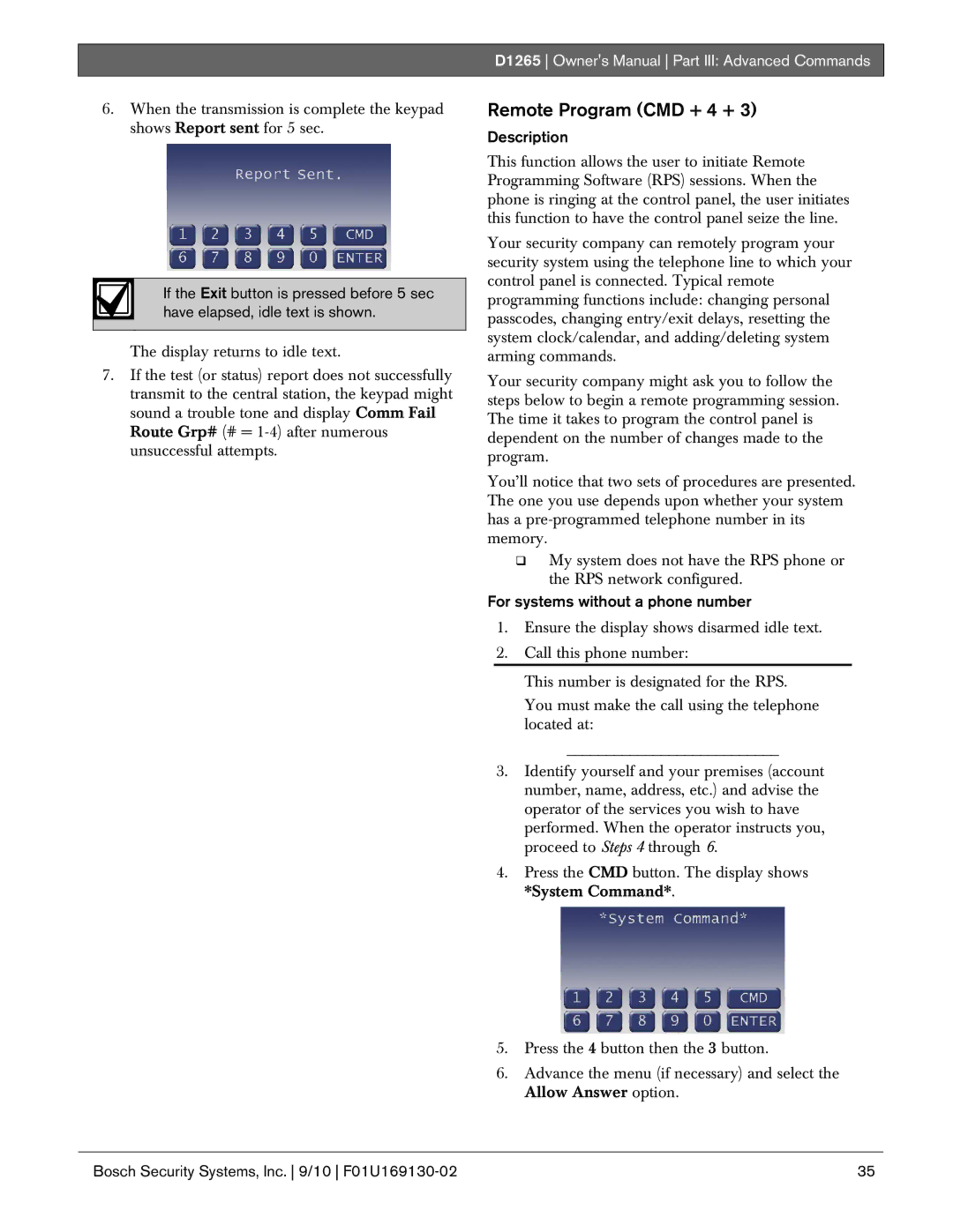 Bosch Appliances D1265 owner manual Remote Program CMD + 4 +, For systems without a phone number 