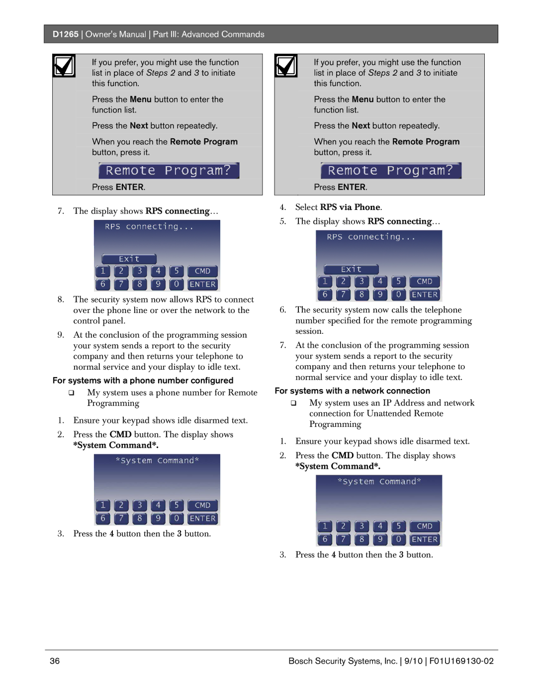 Bosch Appliances D1265 owner manual For systems with a phone number configured, For systems with a network connection 