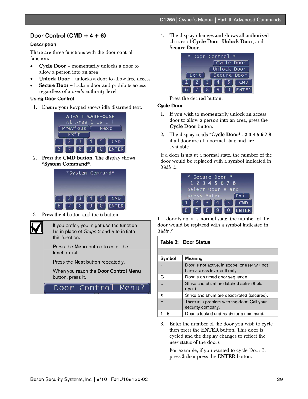 Bosch Appliances D1265 owner manual Door Control CMD + 4 +, Using Door Control, Cycle Door, Door Status 