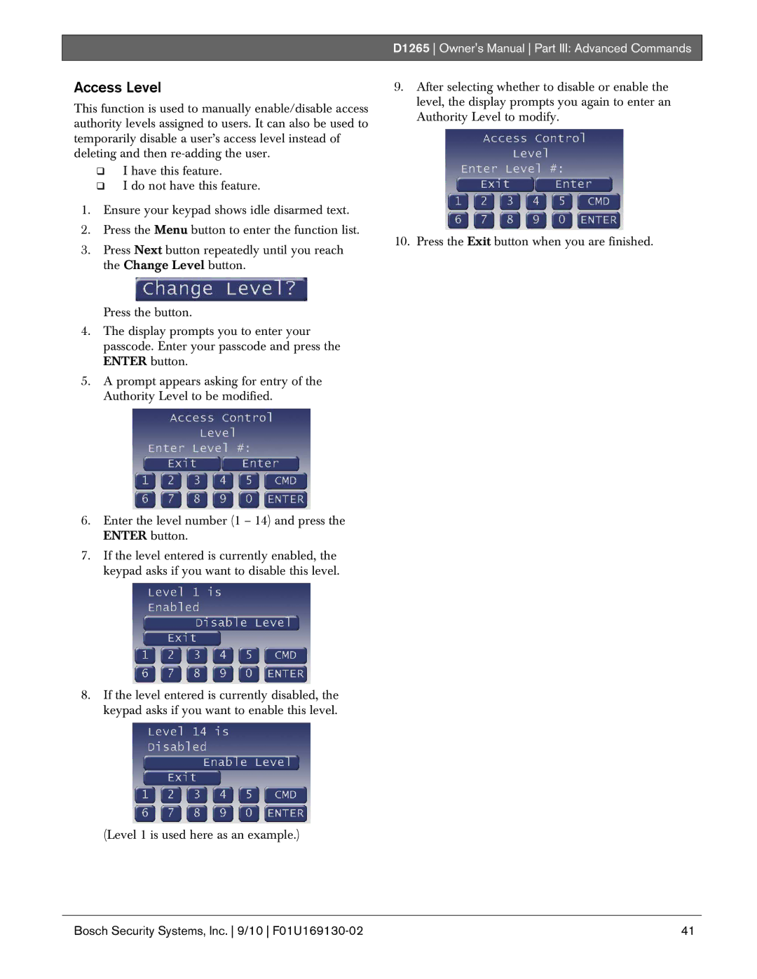 Bosch Appliances D1265 owner manual Access Level 