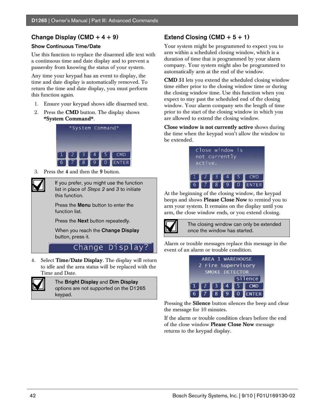 Bosch Appliances D1265 owner manual Change Display CMD + 4 +, Extend Closing CMD + 5 +, Show Continuous Time/Date 