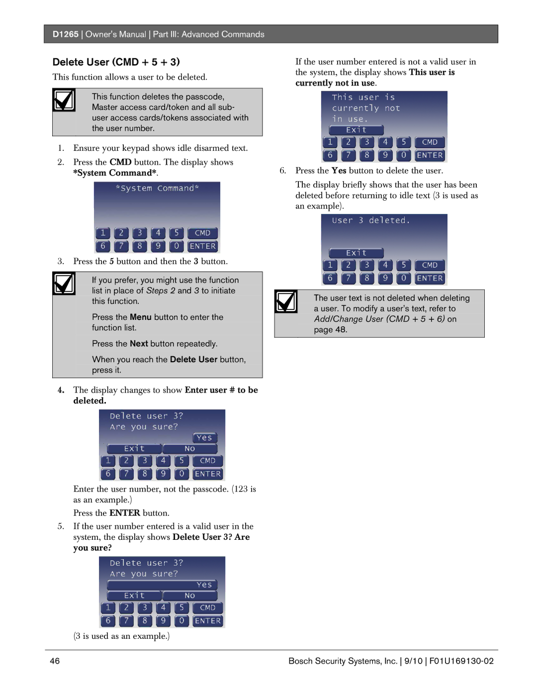 Bosch Appliances D1265 owner manual Delete User CMD + 5 + 