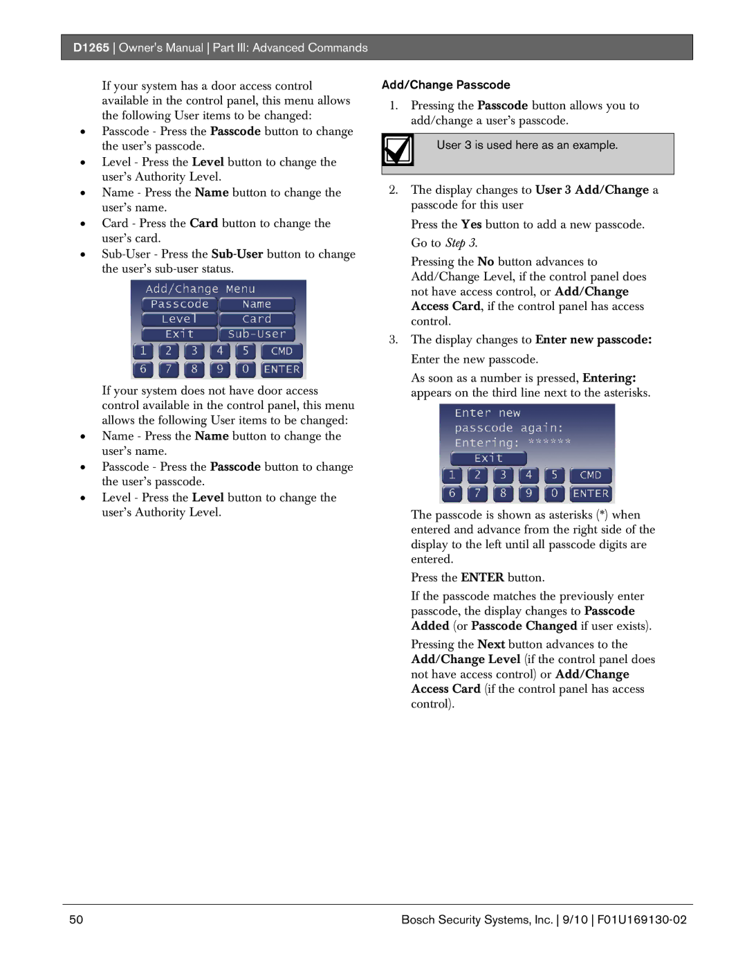 Bosch Appliances D1265 owner manual Add/Change Passcode, User 3 is used here as an example 