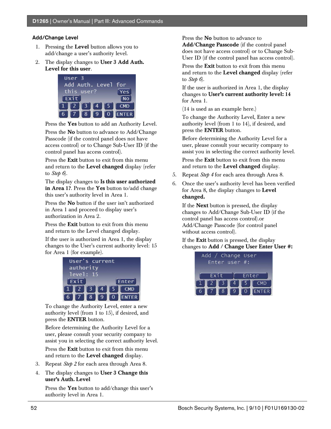 Bosch Appliances D1265 owner manual Add/Change Level 