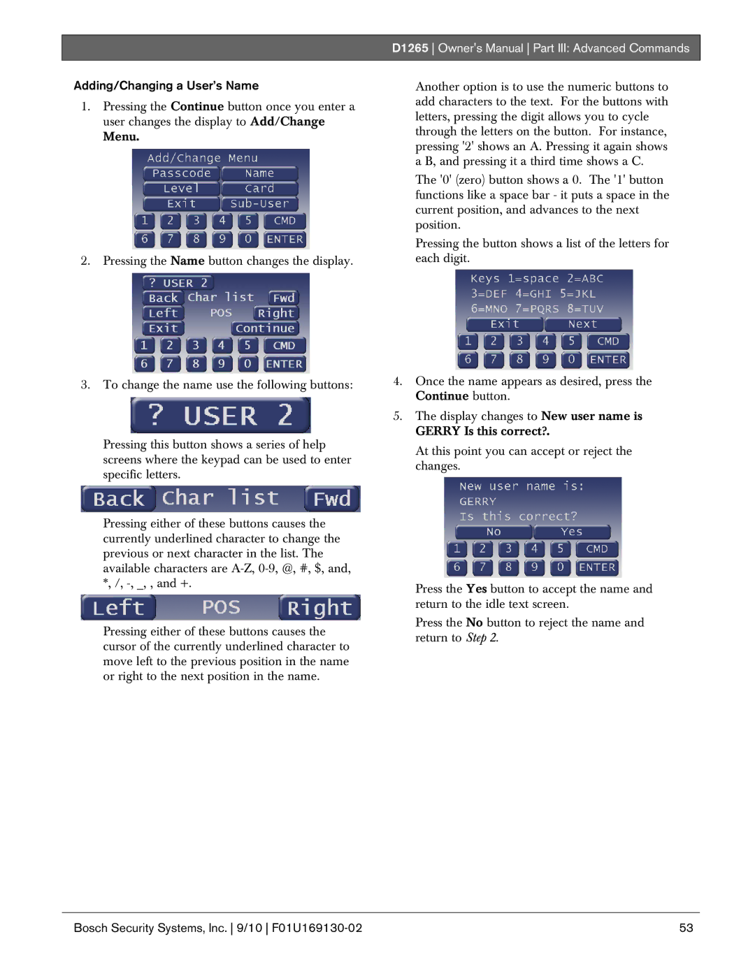 Bosch Appliances D1265 owner manual Adding/Changing a User’s Name 