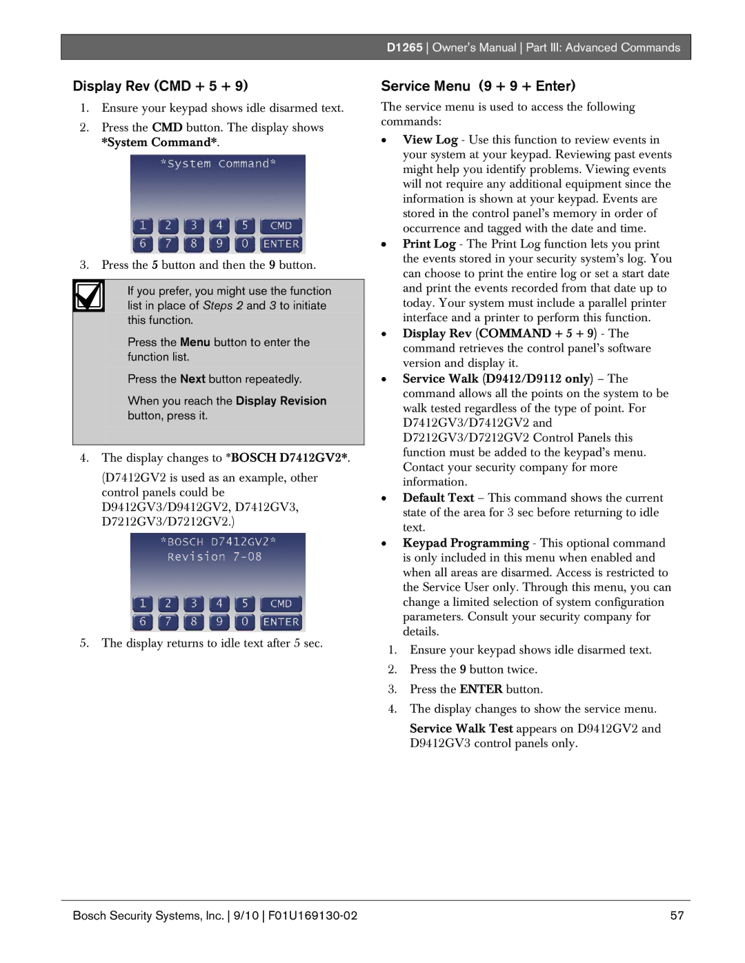 Bosch Appliances D1265 owner manual Display Rev CMD + 5 +, Service Menu 9 + 9 + Enter 