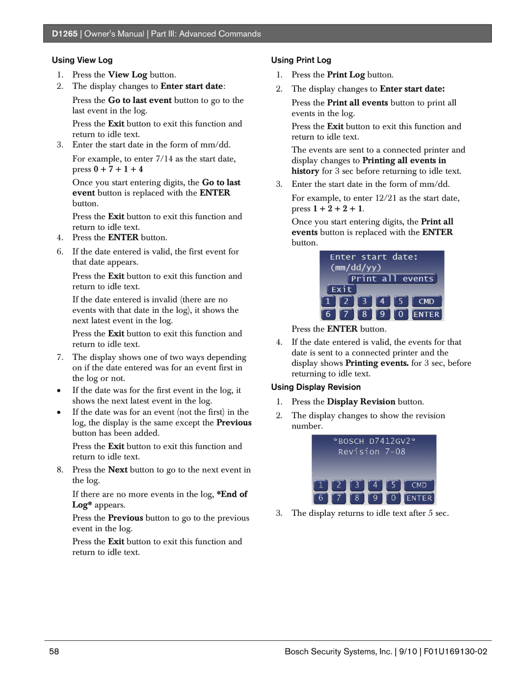 Bosch Appliances D1265 owner manual Using View Log, Using Print Log, Using Display Revision 