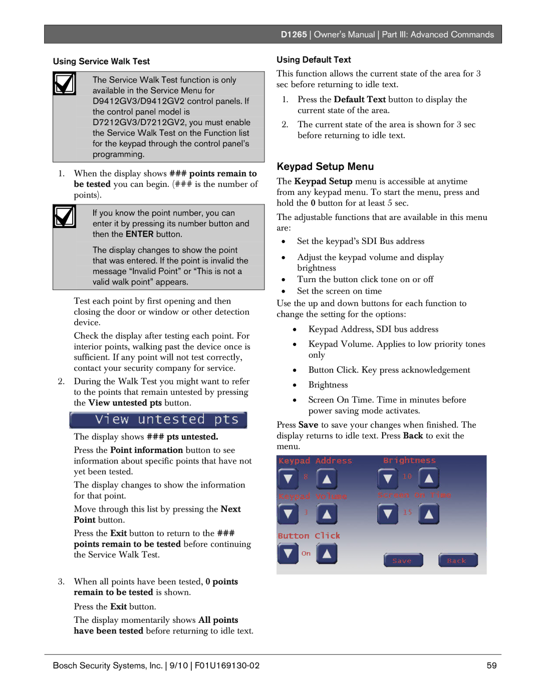 Bosch Appliances D1265 owner manual Keypad Setup Menu, Using Default Text 