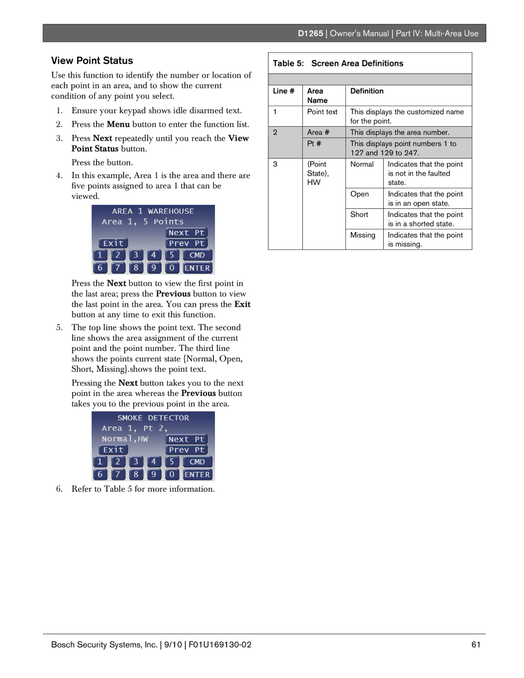 Bosch Appliances D1265 owner manual View Point Status, Screen Area Definitions 