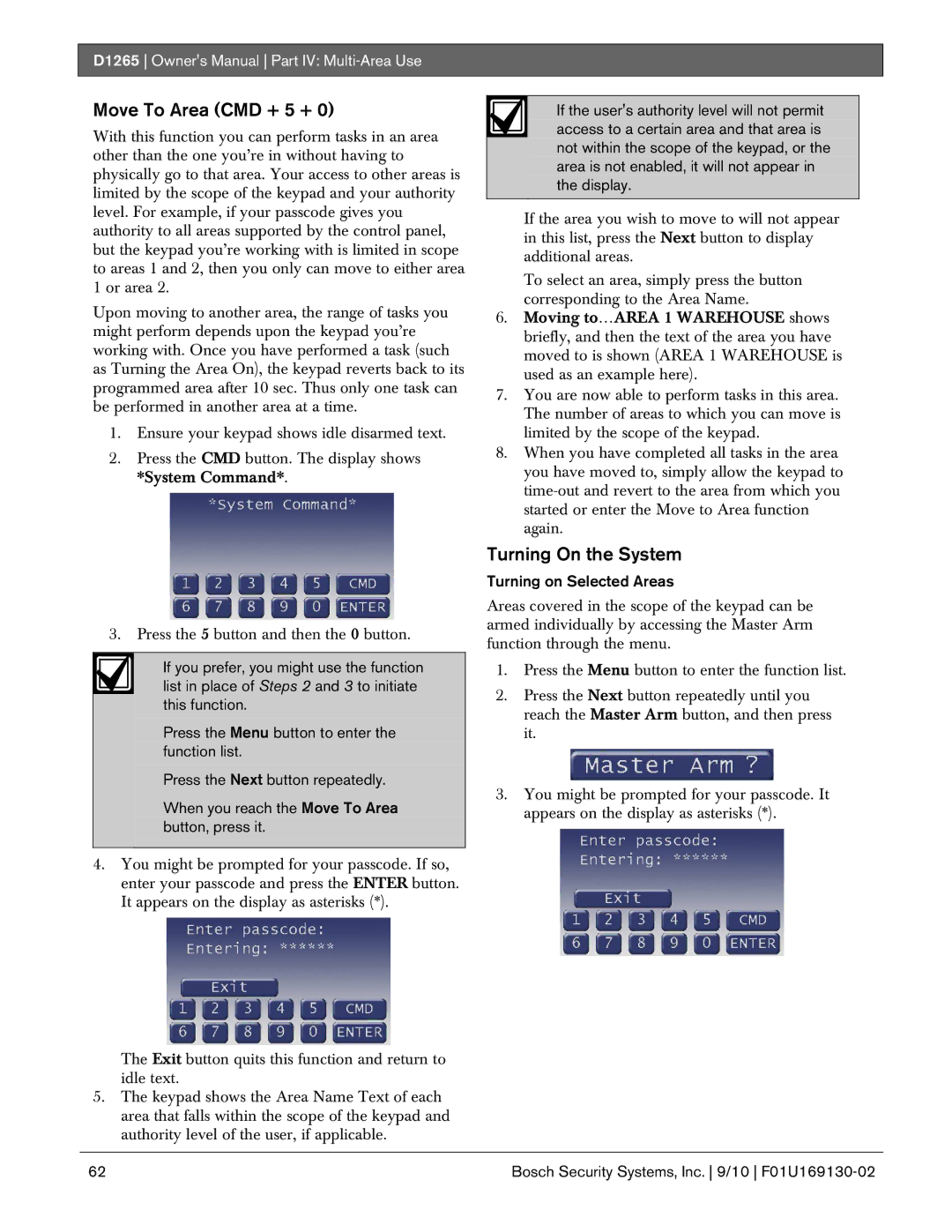 Bosch Appliances D1265 owner manual Move To Area CMD + 5 +, Turning On the System, Turning on Selected Areas 