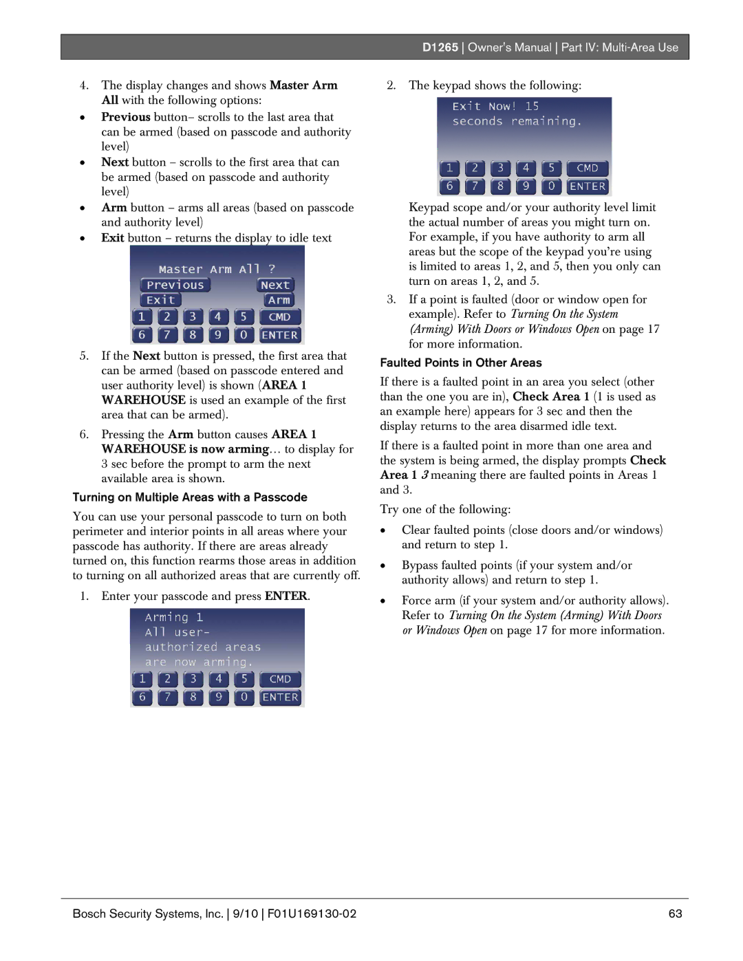 Bosch Appliances D1265 owner manual Turning on Multiple Areas with a Passcode, Faulted Points in Other Areas 