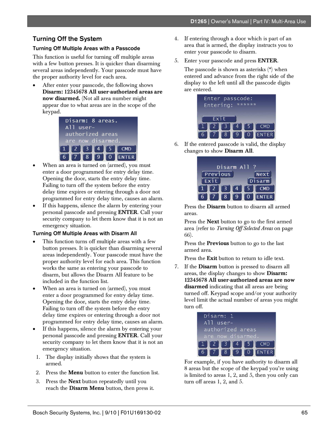 Bosch Appliances D1265 owner manual Turning Off the System, Turning Off Multiple Areas with a Passcode 