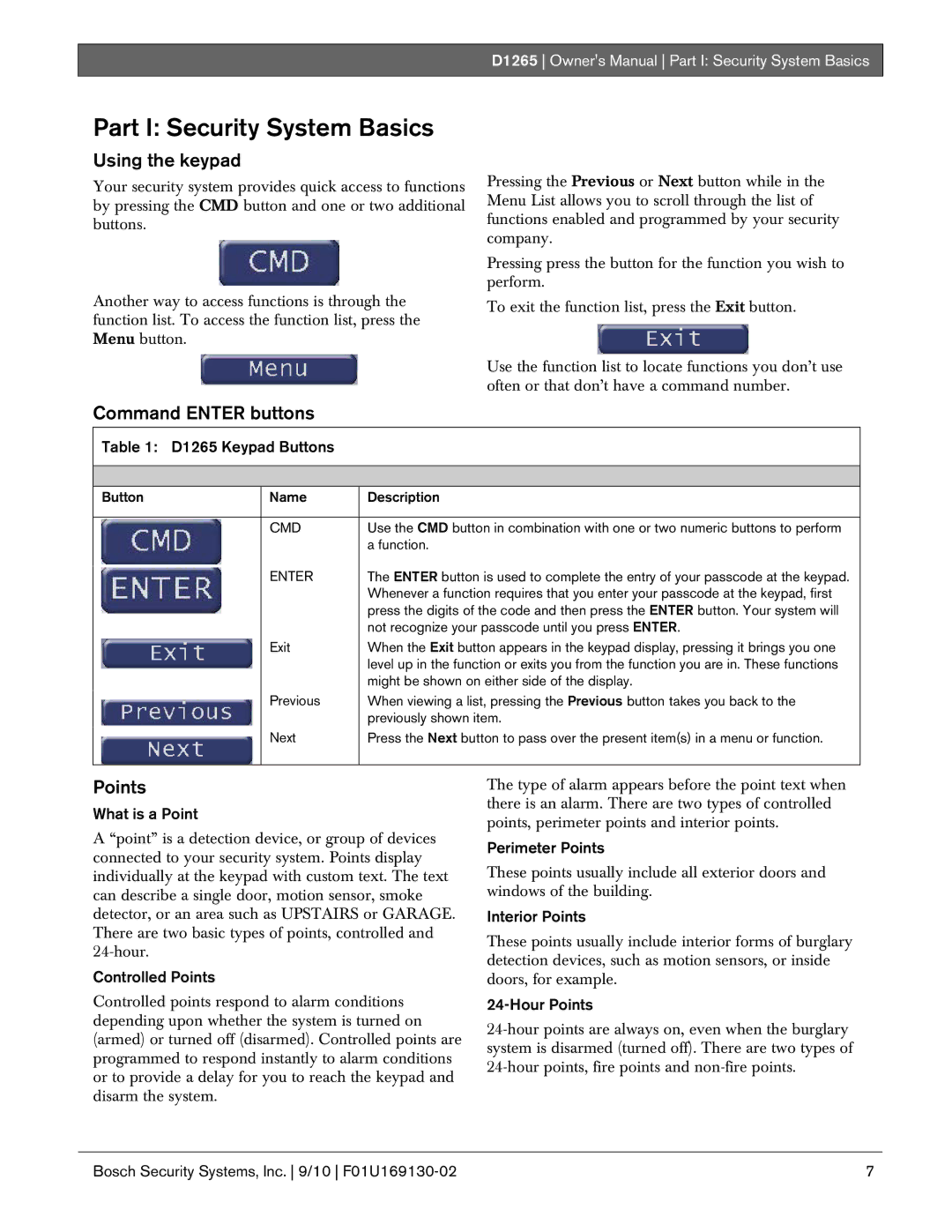 Bosch Appliances D1265 owner manual Using the keypad, Command Enter buttons, Points 