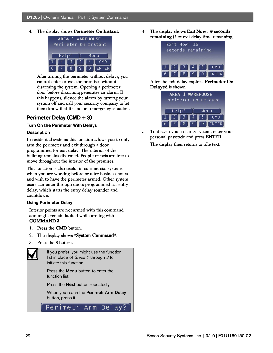 Bosch Appliances Perimeter Delay CMD +, D1265 | Owners Manual | Part II: System Commands, Using Perimeter Delay 