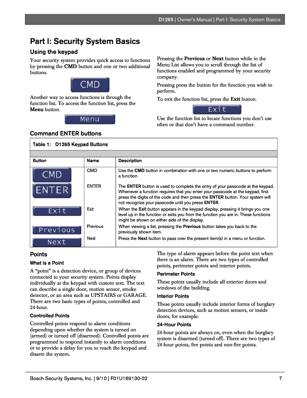 Bosch Appliances D1265 owner manual Part I: Security System Basics, Using the keypad, Command ENTER buttons, Points 