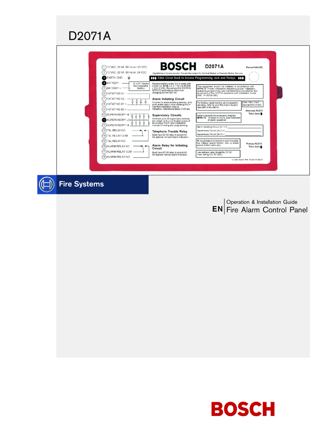 Bosch Appliances D2071A manual EN Fire Alarm Control Panel, Operation & Installation Guide 