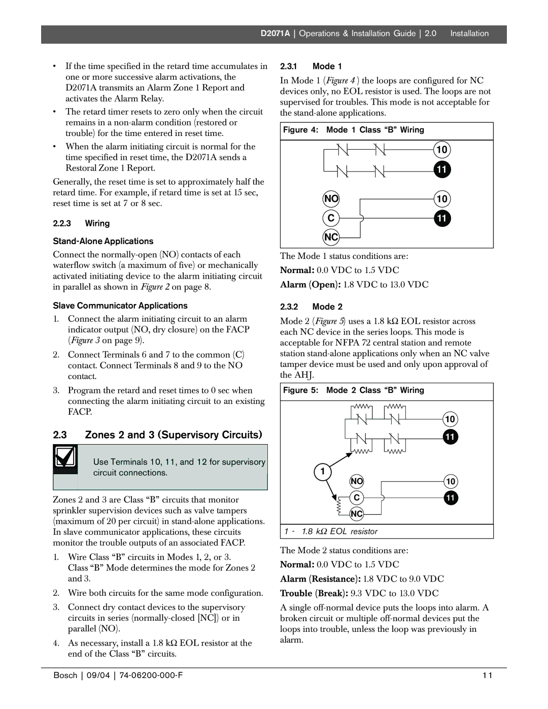 Bosch Appliances D2071A manual Zones 2 and 3 Supervisory Circuits, Wiring Stand-Alone Applications, Mode 