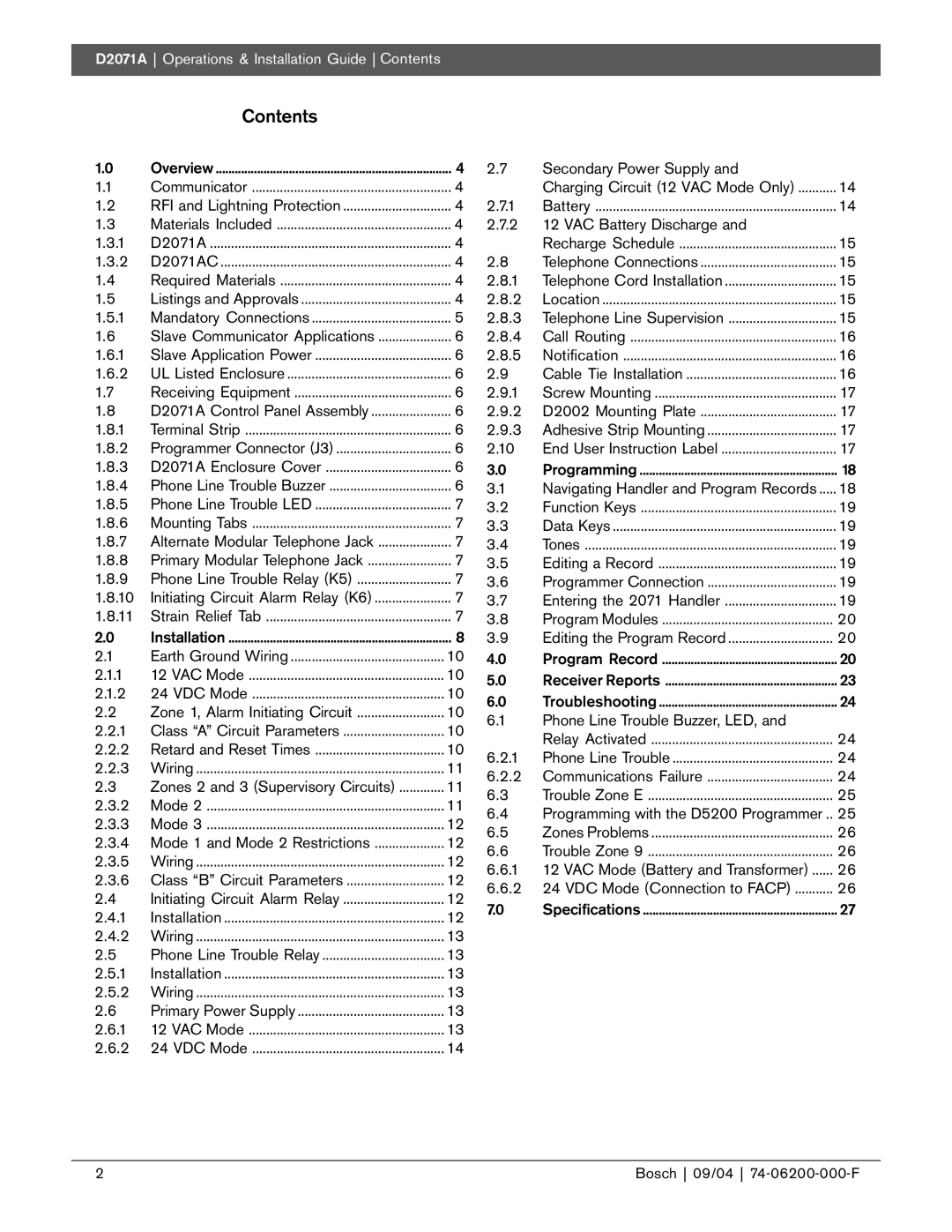 Bosch Appliances D2071A manual Contents 