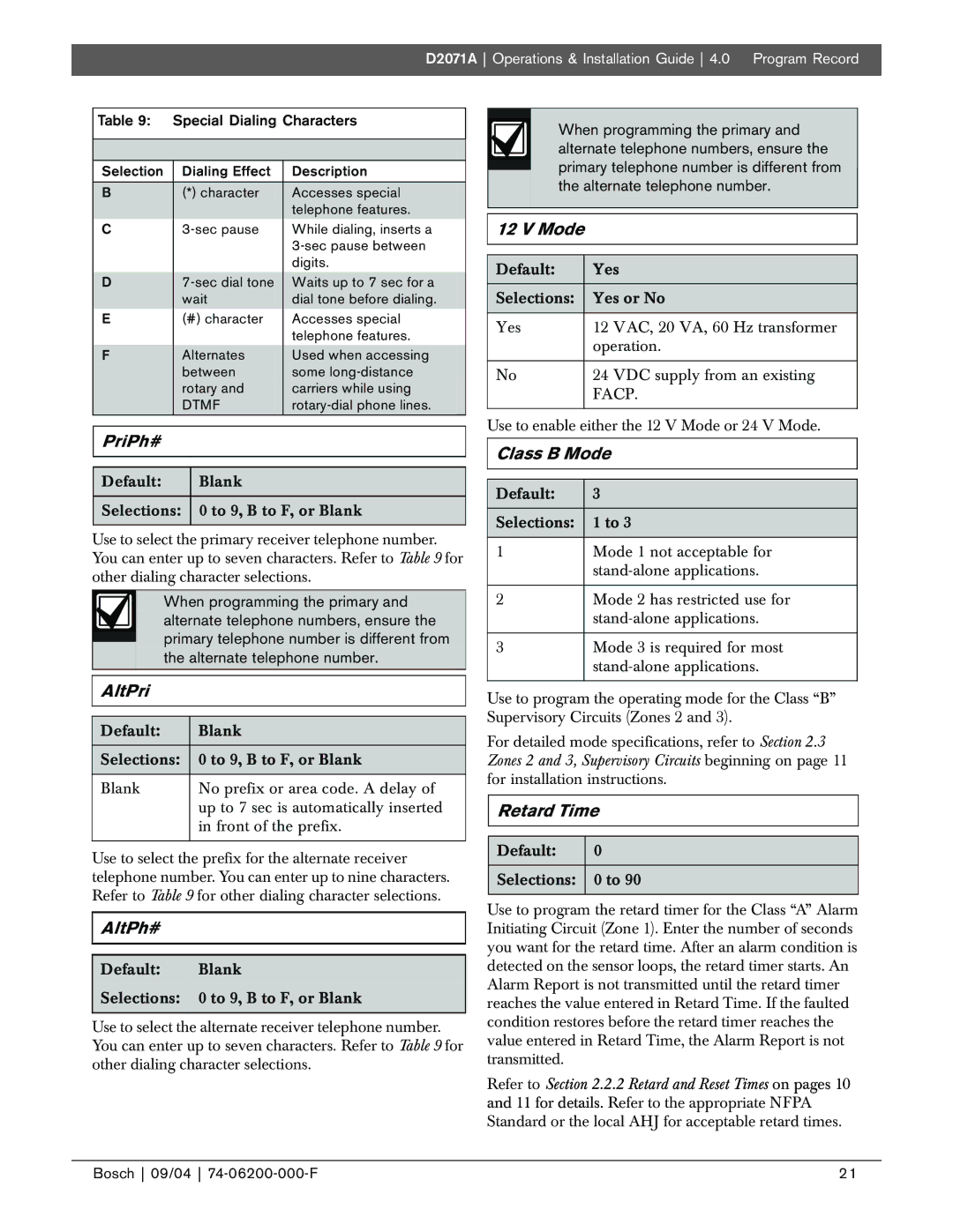 Bosch Appliances D2071A manual PriPh#, Special Dialing Characters 