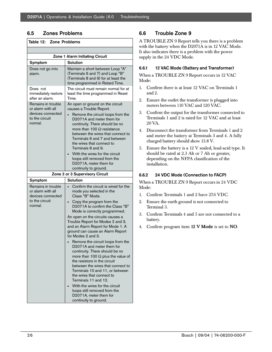 Bosch Appliances D2071A manual Zones Problems, Trouble Zone, Zone Problems, 1 12 VAC Mode Battery and Transformer 