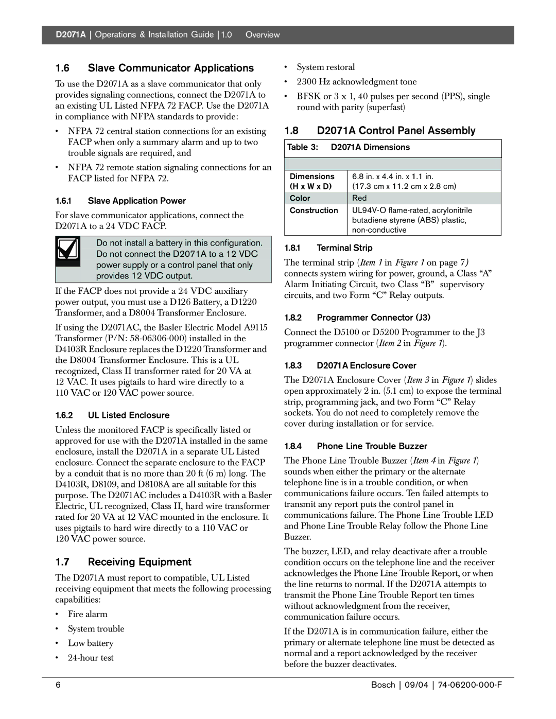 Bosch Appliances manual Slave Communicator Applications, Receiving Equipment, D2071A Control Panel Assembly 