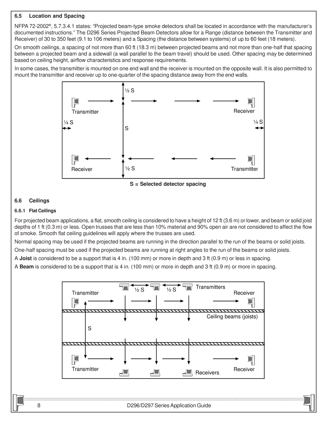 Bosch Appliances D296/D297 manual Location and Spacing, Transmitter ¼ S Receiver ½ S, = Selected detector spacing Ceilings 