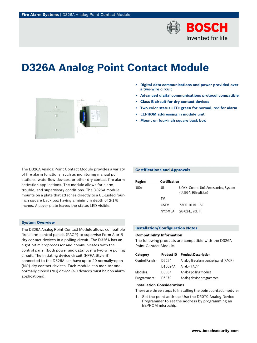 Bosch Appliances manual Fire Alarm Systems D326A Analog Point Contact Module, Certifications and Approvals, Region 