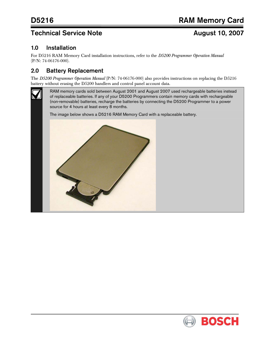 Bosch Appliances installation instructions D5216 RAM Memory Card, Technical Service Note August 10 