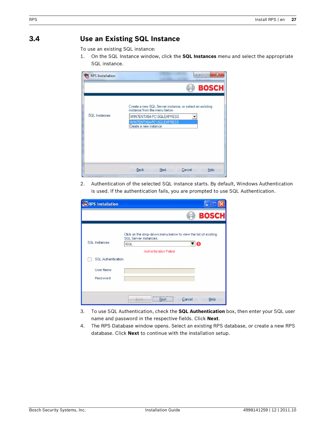 Bosch Appliances D5500CU manual Use an Existing SQL Instance 