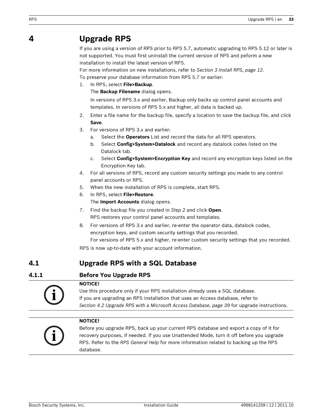 Bosch Appliances D5500CU manual Upgrade RPS with a SQL Database, Before You Upgrade RPS 