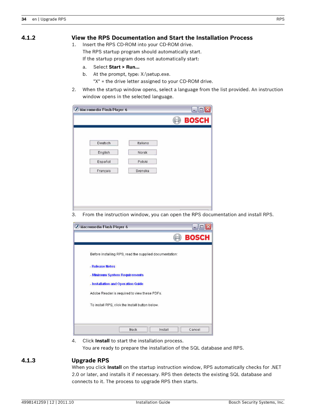 Bosch Appliances D5500CU manual Upgrade RPS, Select Start Run… 