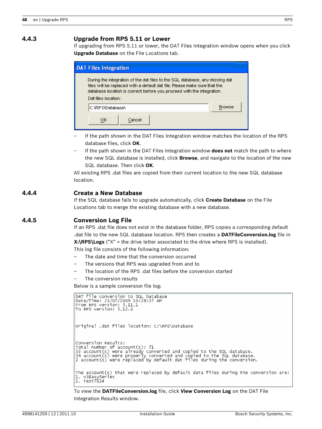 Bosch Appliances D5500CU manual 3Upgrade from RPS 5.11 or Lower, Create a New Database, Conversion Log File 