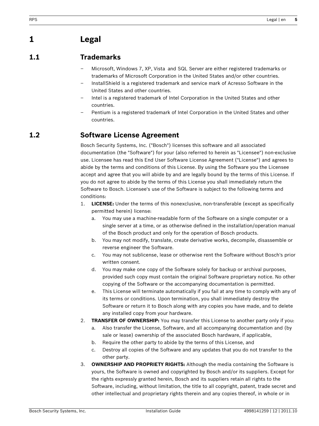 Bosch Appliances D5500CU manual 1Legal, 1Trademarks, Software License Agreement 