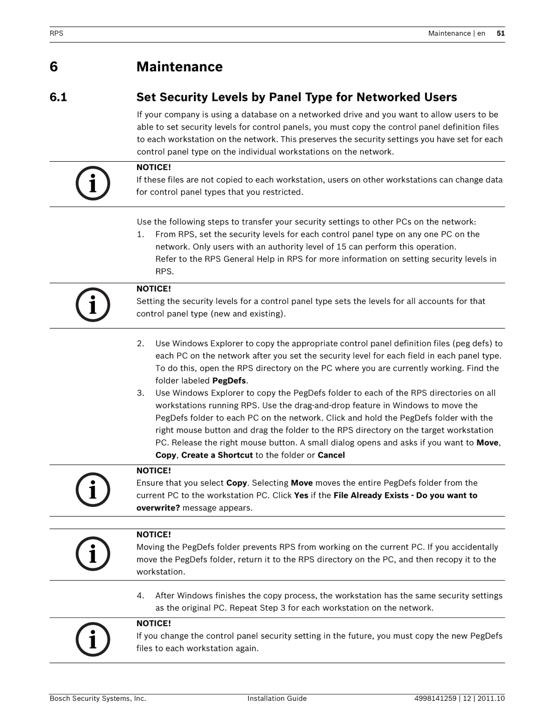 Bosch Appliances D5500CU manual Maintenance, Set Security Levels by Panel Type for Networked Users 