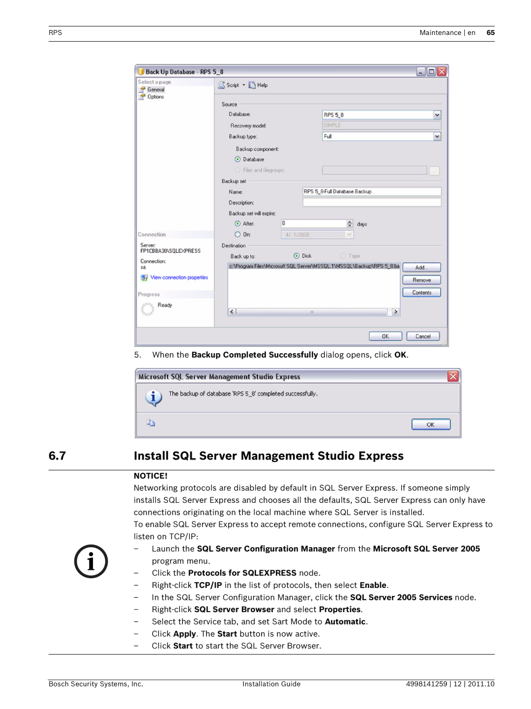 Bosch Appliances D5500CU manual Install SQL Server Management Studio Express, Click the Protocols for Sqlexpress node 