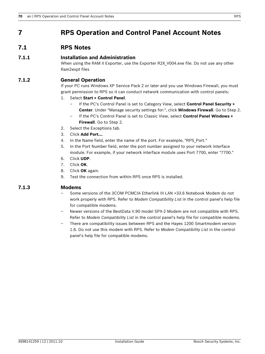 Bosch Appliances D5500CU manual RPS Operation and Control Panel Account Notes, RPS Notes, Installation and Administration 