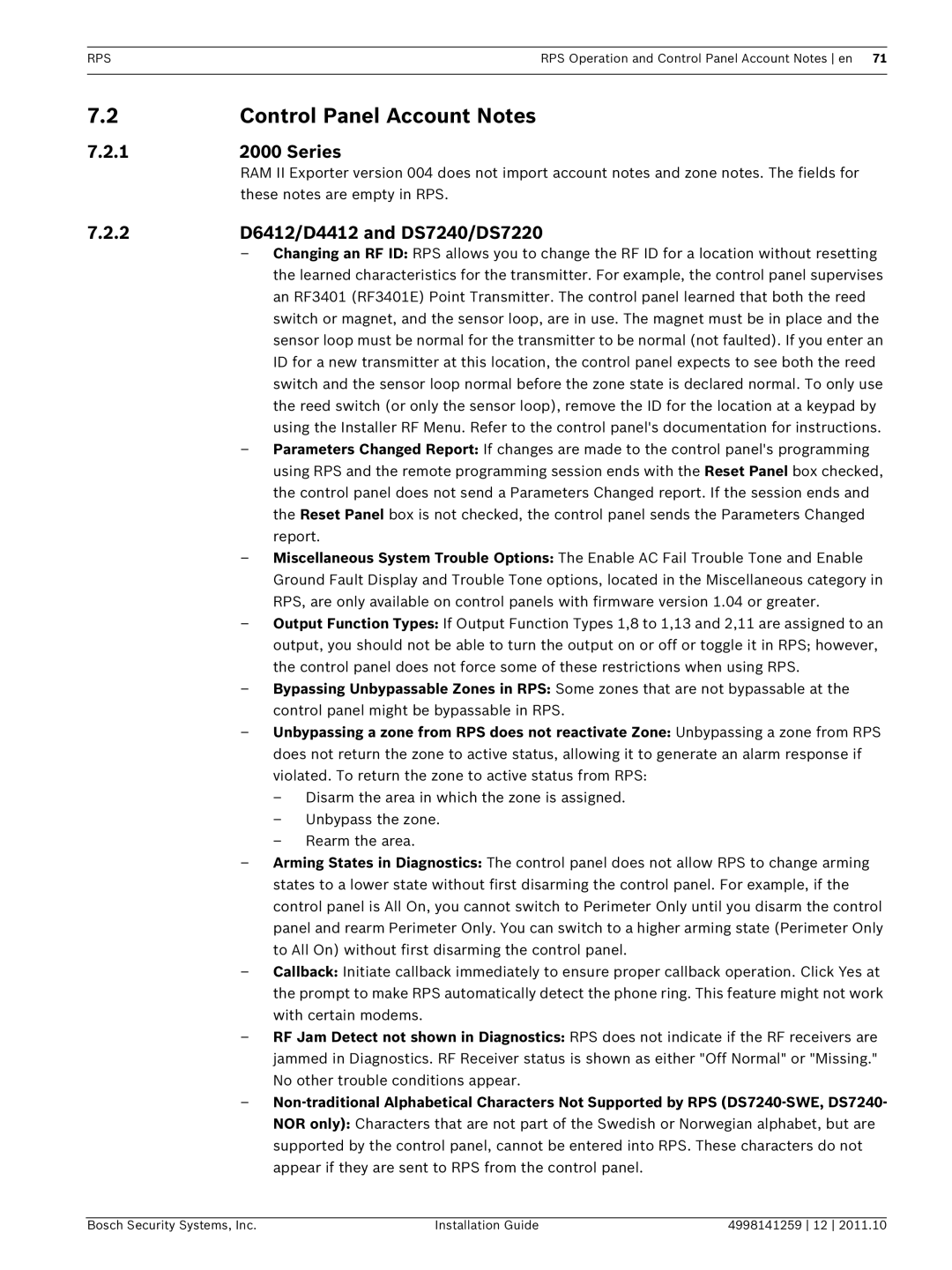 Bosch Appliances D5500CU manual Control Panel Account Notes, Series, D6412/D4412 and DS7240/DS7220 